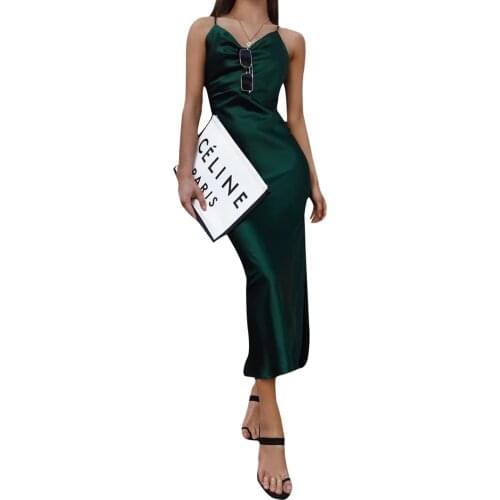 Women Sexy Sleeveless Split Satin Bodycon Midi Dress Fashion Solid Color Party Strap Dress for Ladies Female