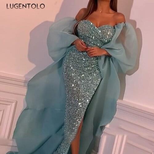 Sexy Dress Women Slim Strapless Summer Shiny Mesh Cloak Party Dresses Ladies Solid Dinner Long Dress Lugentolo