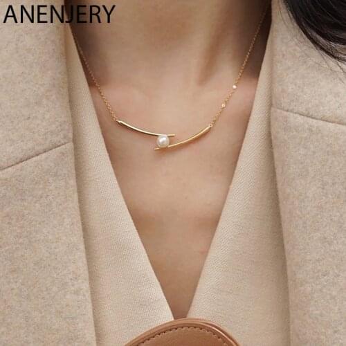 ANENJERY 925 Sterling Silver Stick Pearl Necklace for Women Hot Fashion Creative Clavicle Chain Simplicity Jewelry Wholesale