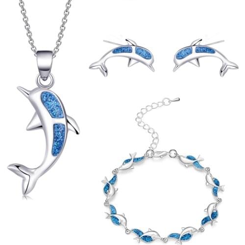 Dolphin Bracelet Opal Sets for Women Girl Pendant Necklaces Color Earrings & Ring Wedding Jewelry Gift Charm Summer Beach Style
