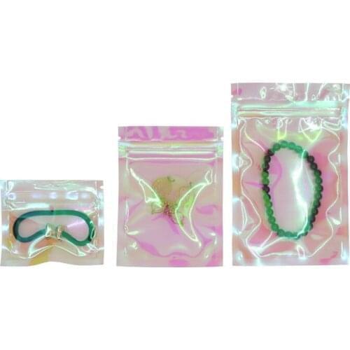 100Pcs Iridescent Zip lock Bags Pouches Cosmetic Plastic Laser Iridescent Bags Holographic Makeup Bags Hologram Zipper Bags
