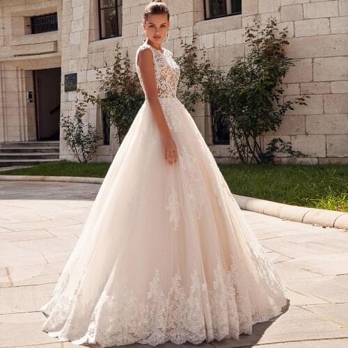2020 Graceful Jewel Beach Wedding Dresses Appliqued Lace Bridal Gowns Tulle vestido de novia Plus size