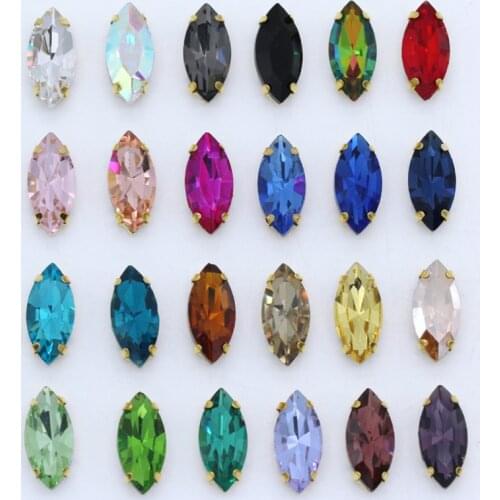 30p 4x8mm(small size) navette sewing crystal glass stone sew on rhinestone Montees gold base 4-Hole Beads For Wedding decoration