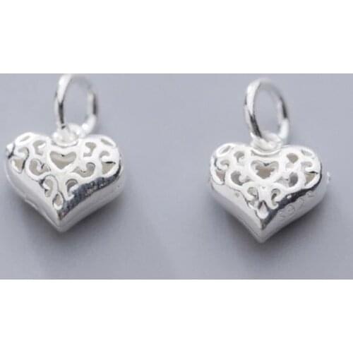 925 Sterling Silver Handmade Craft Heart Charm Pendants DIY Bracelets 10x10mm Hollow Out Women Jewelry Garment Decoration Charms