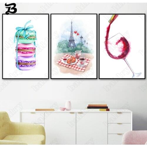Canvas Painting for Living Room Eiffel Tower Burger and Red Wine Abstract Posters and Prints Wall Art Kitchen Cafe Home Decor