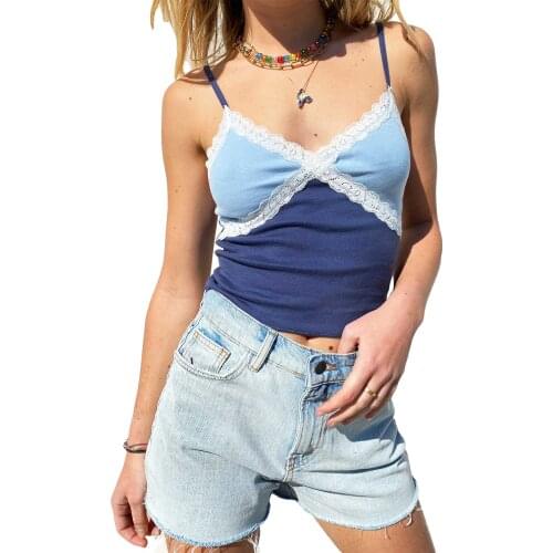 Womens Sexy Crop Tank Tops, Summer Sleeveless V Neck Lace Patchwork Slim Fitted Camisole
