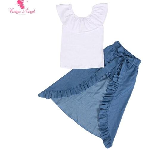Kaiya Angel Baby Girl Summer Clothes White Cotton Top Denim Shorts Children Boutique Outfits Birthday Wedding Party Wholesale