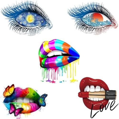 Fashion Lips Iron on Transfer Patches for Clothing Van Gogh Patch Vinyl Heat Transfer Thermal Stickers on Clothes Eyes Appliques