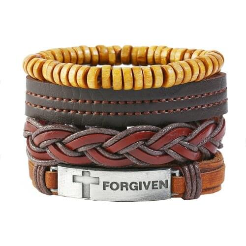2019 Cross FORGIVEN Charm Bracelet Set Men Leather Bangles Wood Beads Braided Rope Bracelets 2019 Punk Religious Jewelry