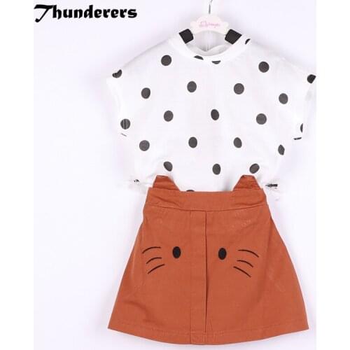 New Brand Kids Girls Clothes Set White Dot Shirt And Cat Ear Skirt Lovely Kids Set Children Outfit Girls 2 Pcs Outerwear Suit
