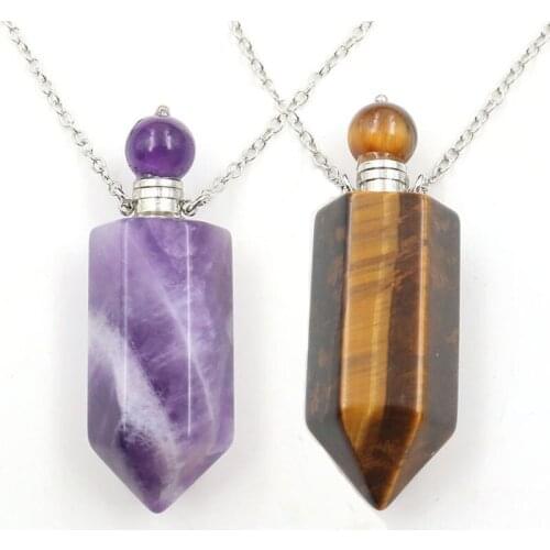 Natural Gems Stone Necklace Crystal Essential Oil Perfume Bottle Pendant Diffuser Hexagon Prism Pointed Necklace Women Jewelry