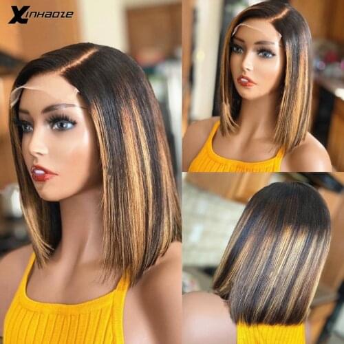 Transparent Lace 4x4 Lace Closure Wig With Highlight Brazilian Remy Side Part Short Bob Ombre Blonde Lace Front Bob Wigs