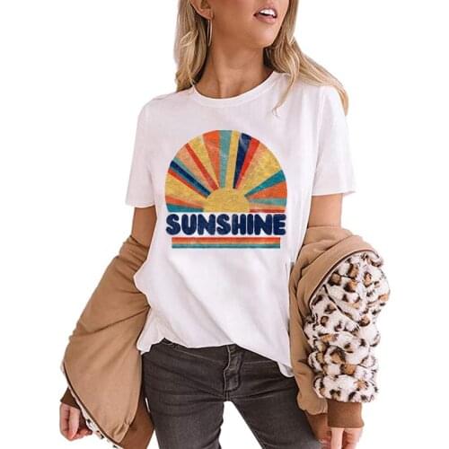 Rainbow Sunshine Print t shirt women O-Neck Short Sleeve Tops Tee White Casual T-shirt Plus Size harajuku femme t-shirts