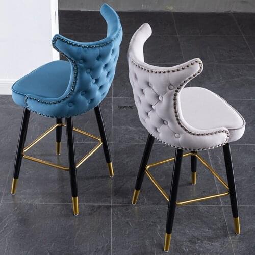 Luxury Bar Chairs for Kitchen Stylish Armchair Horn Button Backrest Ins Solid Wood Home Bar Chair Nordic Flannel High Feet Stool