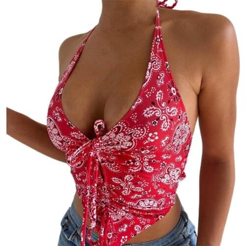 Sexy Women Crop Top Printed Halter Women Sleeveless V Neck Backless Camisole Summer Women Evening Party 2021