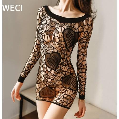 WECI Fishnet Sensual Lingerie Woman Sexiest One-Piece Body Stocking Lace Strapless Dress Hot Sexy Mini Skirt Mesh Heart Bodysuit