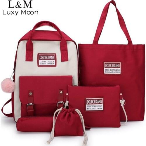 5pcs/ Set School Bags Teenage Girls Canvas Schoolbag Students Travel Backpack Women Books Backpacks Collage Bag Rucksack XA905H