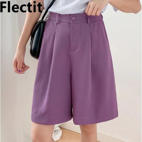Flectit Womens Bermuda Shorts With Belt High Waist Wide Leg Front Pleats Student Girl Casual Outfits