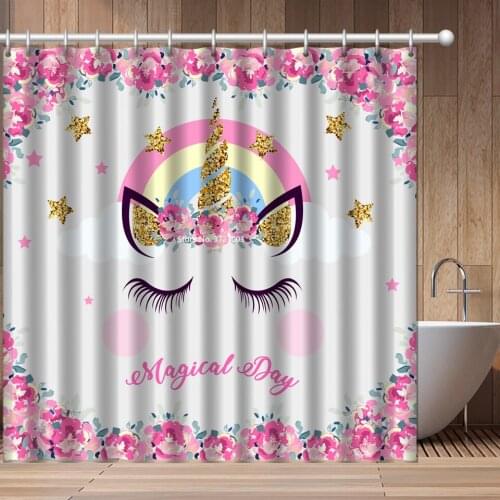 Modern Lace Unicorn Rainbow Shower Curtain 3D Cartoon Digital Print Polyester Waterproof Shower Curtain with Hook