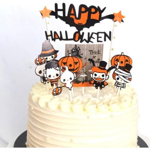 Happy Halloween Cake Toppers Pumpkin Cat Ghost Witch Cupcake Flags Cake Toppers For Halloween Cake Decoration