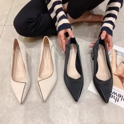 Women Pumps Office Ladies Comfortable Chunky Heels Shoes Pointed Toe Pumps Shoes Mid Heel Asakuchi Single Shoes