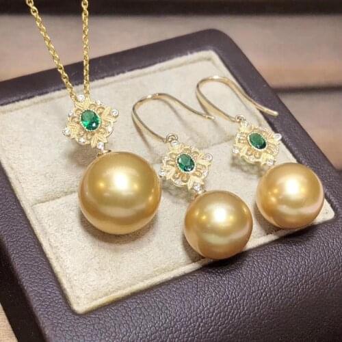 Fine Jewelry 18K Yellow Gold Natural Ocean Golden Pearl 8-12mm Females Jewelry Sets for Women FIne Jewelry Sets
