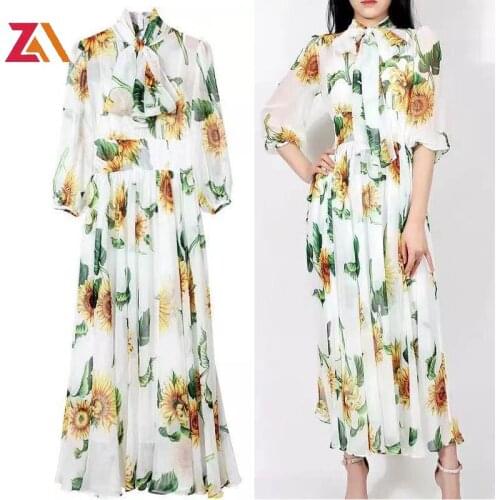 ZALady designer runway chic beach boho long dress with floral pattern elegant bow sunflower plus size goblincore summer dresses