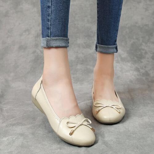 OUKAHUI 2021 Spring Summer Fashion Bowknot Genuine Leather Ladies Ballet Flats Shoes Women Low Heel Slip-On Flat Shoes Shallow