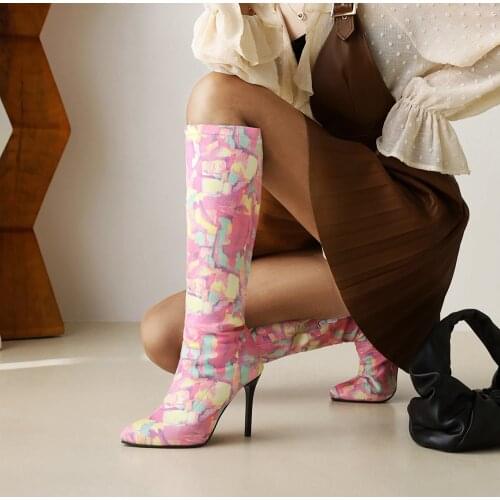 Nightclub Fashion Painted Boots Pointed Toe Super High Stiletto Flock Womens Knee-Length Boots Oversized Side Zipper Shoes
