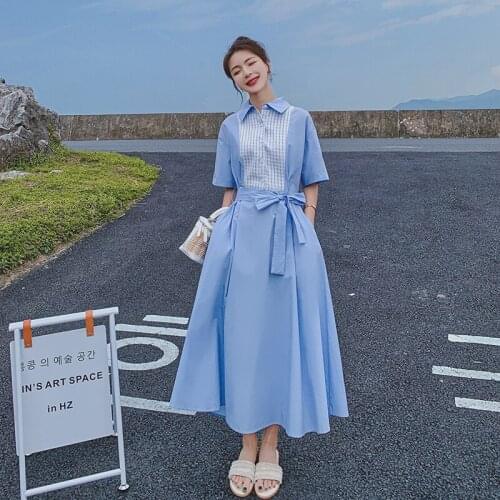Lattice Stitching Shirt Skirt Women Loose Lapel Summer Dress Casual Traveling Dress High Vintage Short Sleeve Dress Women L3