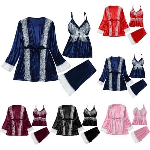 3Pcs Plus Size Women Sexy Satin Lace Patchwork Sleepwear Pijama Mujer New Sling Robe Long Sleeve Pajamas Set Пижама Женская