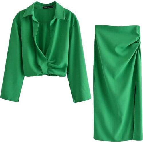 Aonibeier 2021 Fashion Green Summer Suits Wrist Sleeve Cropped Shirts and Midi Skirts Women Casual 2 Piece Sets Female Outfits
