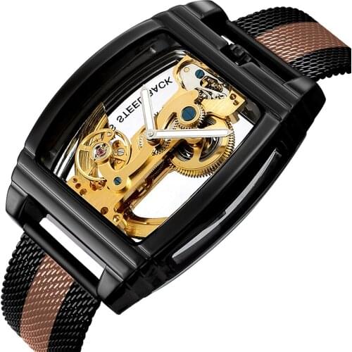 Automatic Mechanical Wrist Watch Men Tourbillon Watches Transparent Steampunk Skeleton Luxury Stainless Steel Self Winding Clock