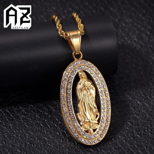 AZ Full Crystal CZ Cubic Zirconia Virgin Mary Round Pendant Stainless Steel Necklaces & Goth Pendants Gold Guban Chain
