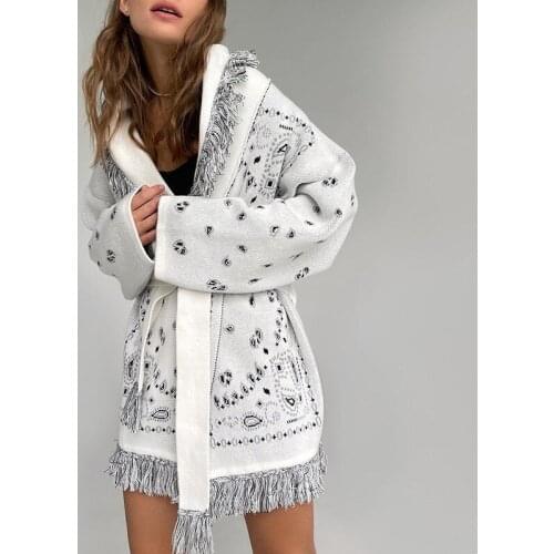 Dourbesty Tassel Cardigan Knitted Women Vintage Ethnic Print Mid-length Cardigan Warm Winter Sweater Harajuku Loose Coat 2021