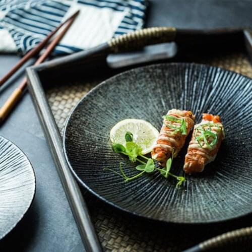 FANCITYJapanese Creative Retro Ceramic Tableware Black Tick Pasta Plate Steak Plate Fruit Plate Round Dish Plate