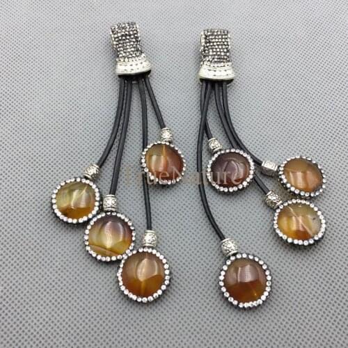 Leather Fringe Tiger Eye Pendants Gold Electroplated Pave Rhinestone Cap Charms For Jewelry In 120*13 mm PM4705