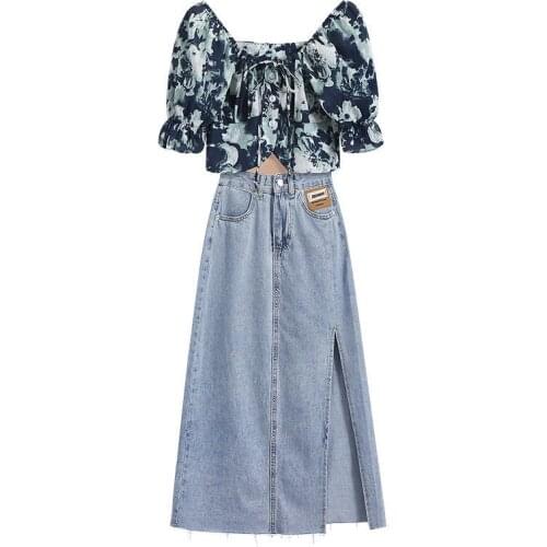 Summer Suit Women 2021 New One-line Neck Short-sleeved T-shirt + Split Denim Skirt Women