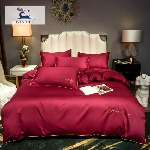 Liv-Esthete Women Noble Red 100% Cotton Bedding Set Printed Duvet Cover Flat Sheet Pillowcase Queen King Bed Linen Set Home Bed