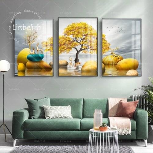 Embelish Fashion Artworks For Office Golden Tree Stones Modern Home Decor HD Canvas Pictures For Living Room Wall Art Painting