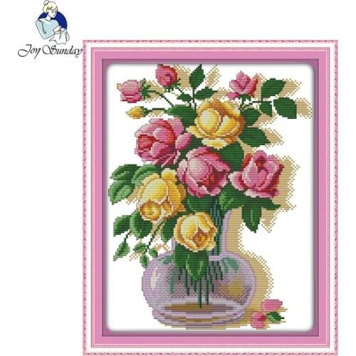 Joy Sunday Dual Color Rose Stamped Counted Cross Stitch Embroidery Needlework Cross Stitch Sets DIY 11CT 14CT Cross Stitch Kits