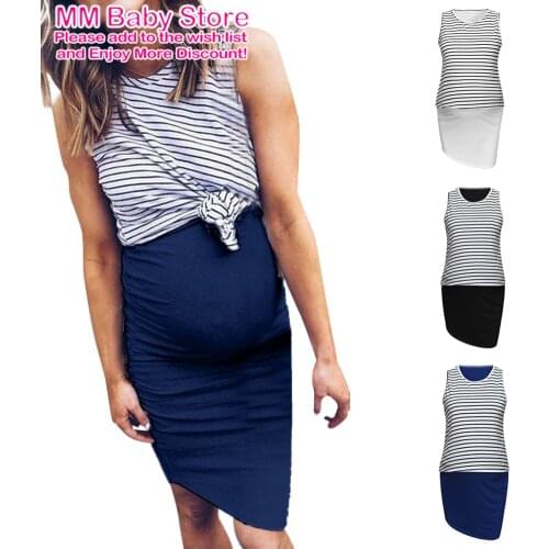 New Pregnant Maternity Nursing Breastfeeding Women Summer Dress Stripe Sleeveless Dress Two Piece Dress With Front Pleat