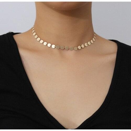 Fashion Delicate Round Copper Sequins Choker Necklace for Women Simple Vintage Geometric Neck Chocker Necklace Jewelry YN1521