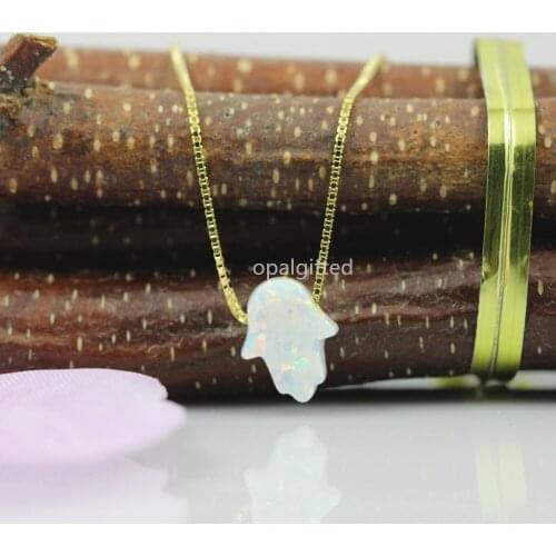 1pc Free Shipping OP17 Whtie 8*10mm Synthetic Hand shape Opal Necklace Hamsa/Hand Opal Necklace 925 Silver gold For Girls Gift