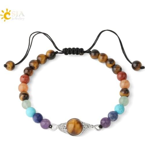 CSJA Natural Stone 7 Chakra Black Onyx Braided Bracelets 6mm Meditation Balance Solar System Bracelet for Women Men Jewelry G307