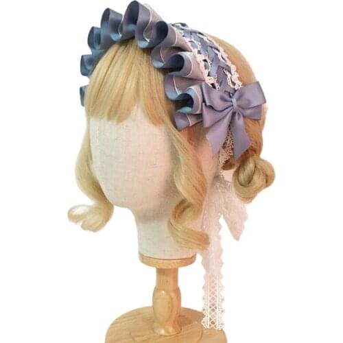 Japanese Lolita Maid Cosplay Headdress Ruffled Crisscross Bowknot Hairband Sweet Floral Lace Ribbon Vintage Party Hair Accessori