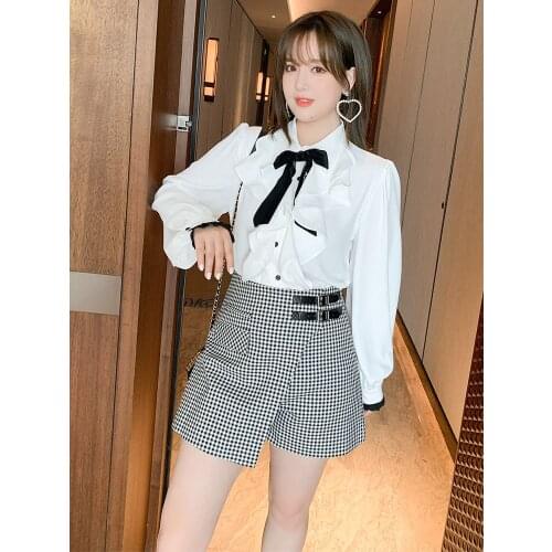 High quality Retro stitching Ruffle lace front bow tie Lantern Sleeve Shirt girl 2021 summer new