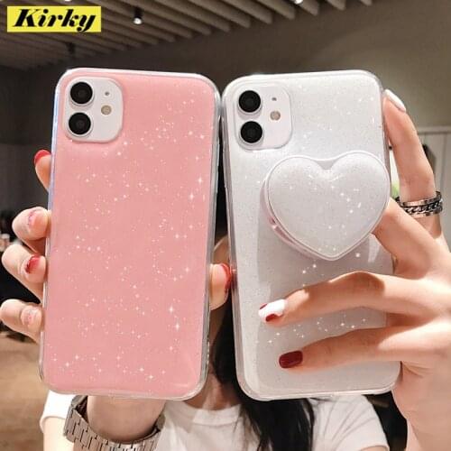 Luxury Cute Heart Silicone TPU Phone Case For iPhone 12 11 Pro Max 6 7 8plus Xsmax Xr Glitter Holder Stand Shockproof Back Cover