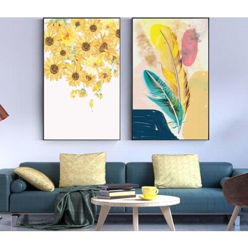 Modern Wall Art Tableaux Abstract Yellow Sunflower Poster Green Pink Feather Print for Living Room Big Entrance Plant Painting