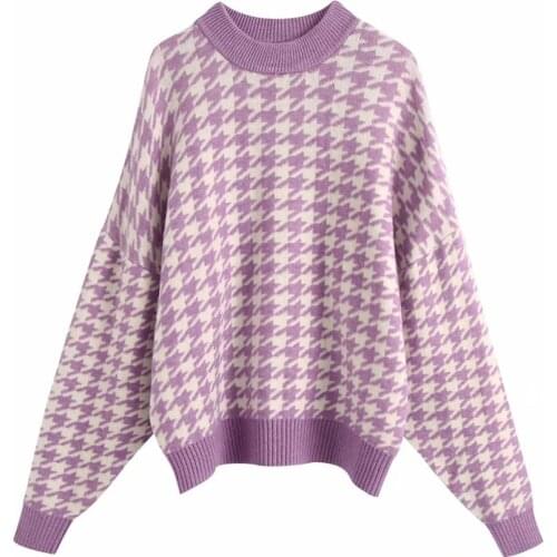 Women 2020 Fashion Oversized Jumper Houndstooth Knitted Sweaters Vintage Long Sleeve Loose Female Pullovers Chic Tops